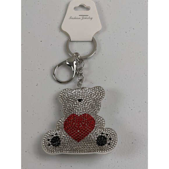 Sparkly Teddy Bear Keychain With Rhinestones & Red Heart - Picture 2 of 8